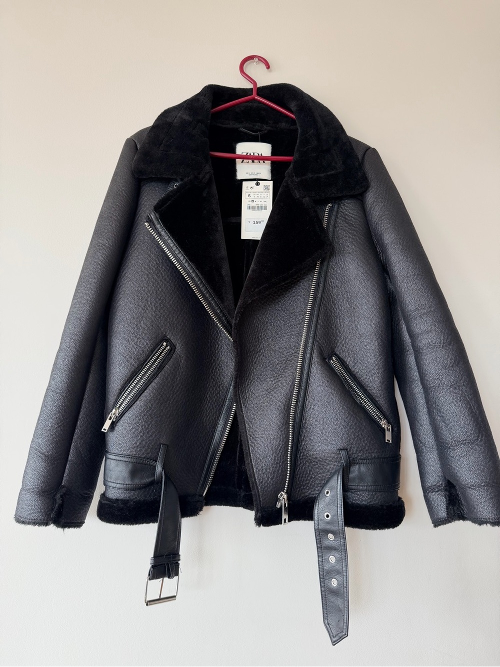 Brand New Zara Black Faux-Shearling Moto Jacket